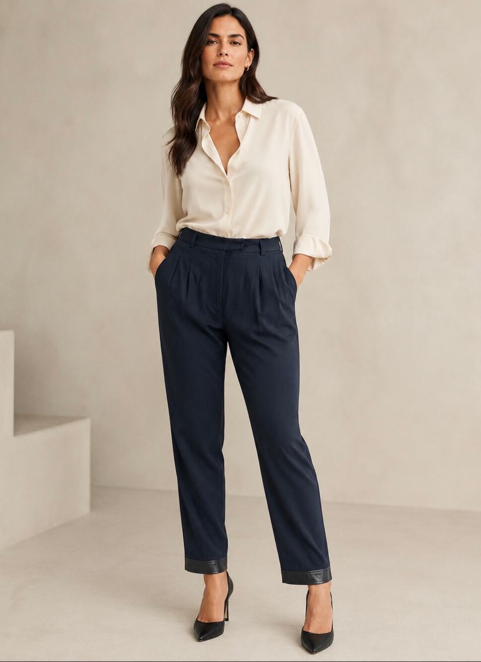 Sea New York Crepe Pleated Front Leather Banded Hem Pants Navy Blue Size 8